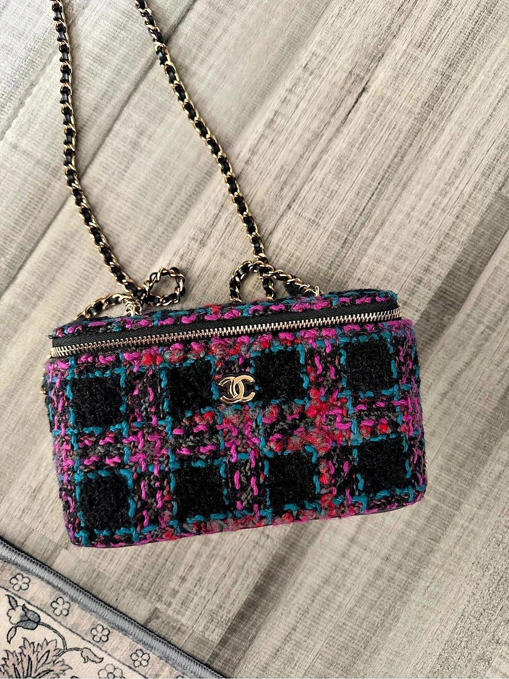 Chanel Tweed Vanity Case with Chain Plaid Crossbody Black & Pink